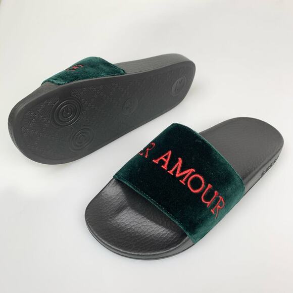 NIB Gucci Pursuit Embroidered Velvet Pool Slide Sandal, Black In Green Size 37 - Picture 6 of 14